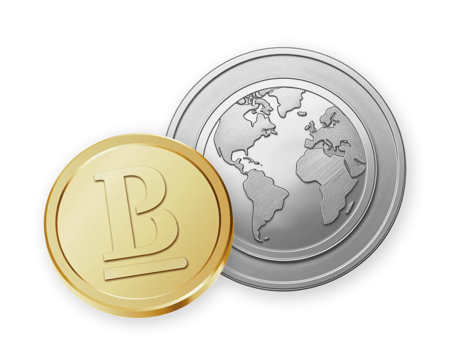 Una moneda de oro con el sello de Betterplan y una moneda con  una imagen del planeta Tierra
