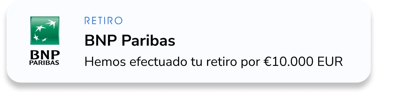 Notificación de retiro de dinero de un banco internacional