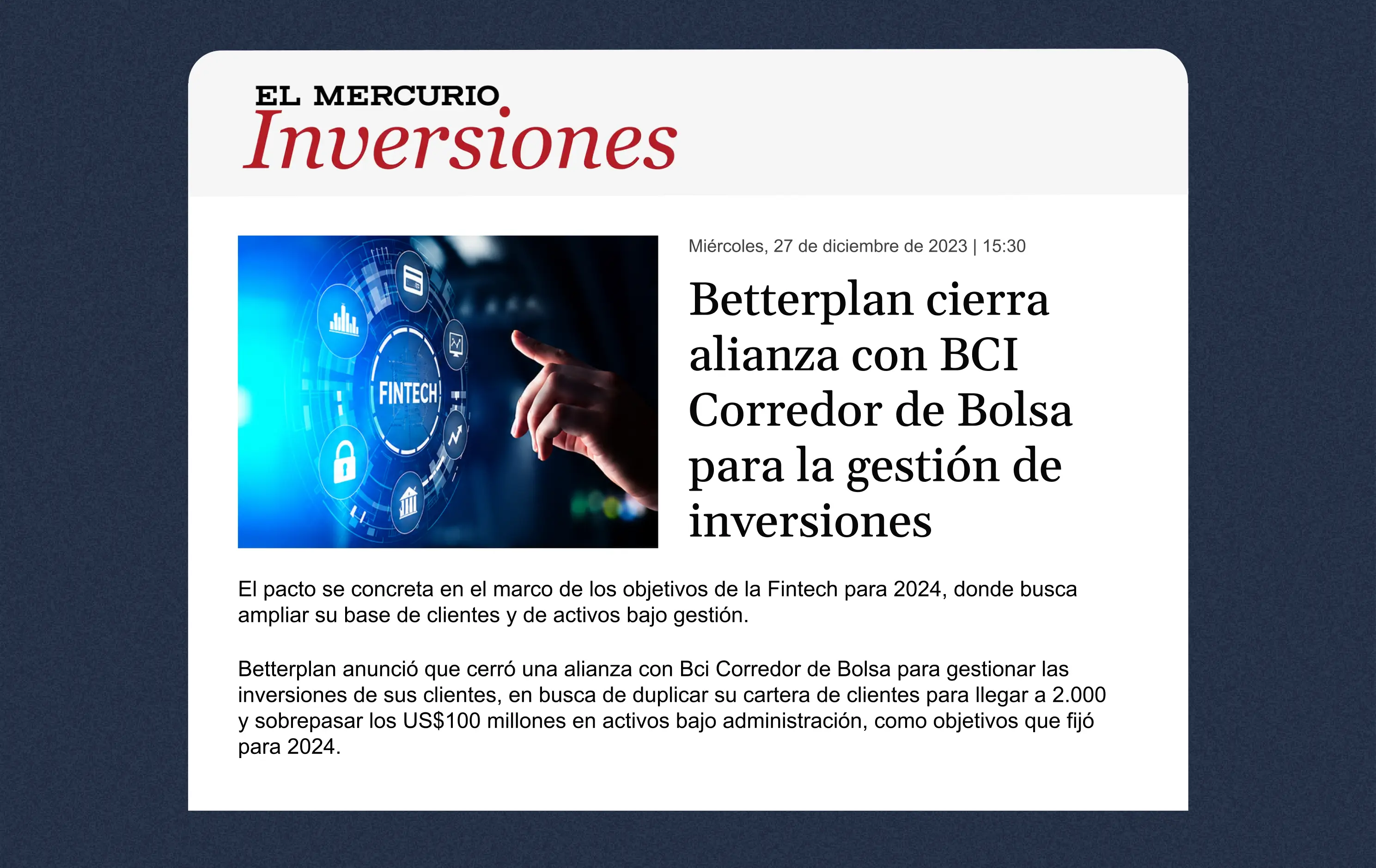 Betterplan cierra alianza con BCI Corredor de Bolsa