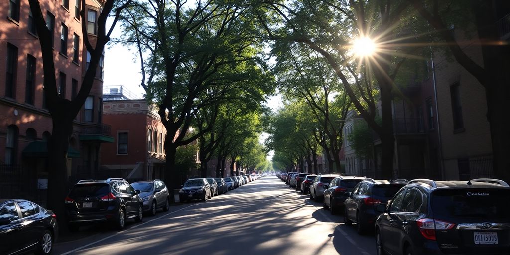 Empty Adams Morgan street with parked cars and trees.