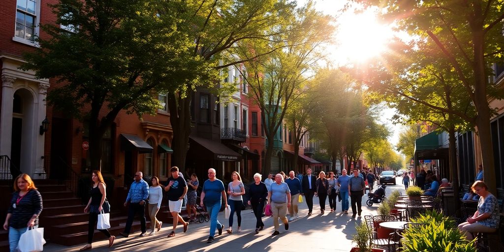 Rowhouses, diverse people, and a lively street scene.