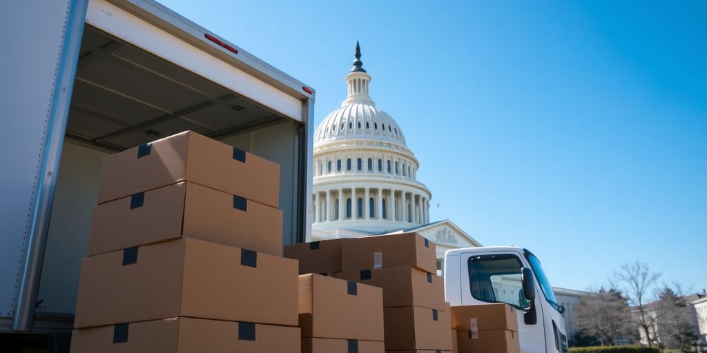 Boxes, moving truck, Capitol Building, sunny day.