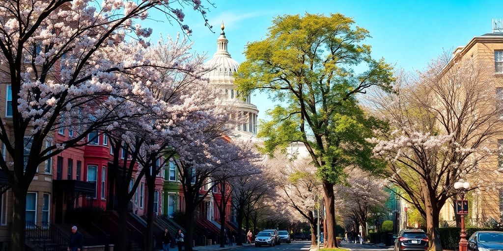 Row houses, cherry blossoms, and a bustling street.
