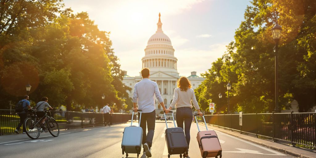 Couple walking near Capitol Building with luggage.