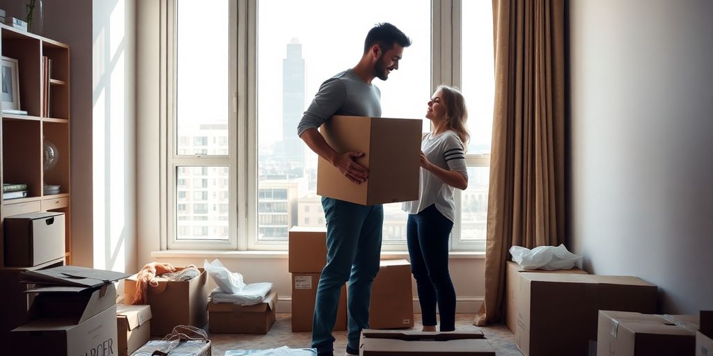 Couple unboxing items in a bright apartment with city skyline.
