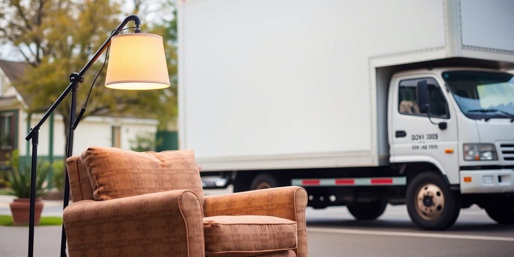 Donated armchair and lamp near a moving truck.