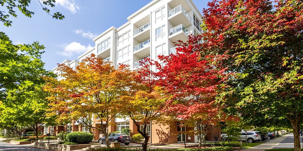 Modern condo building exterior with lush green trees.