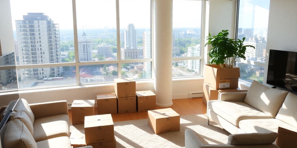 Bright Shirlington condo interior with city view.