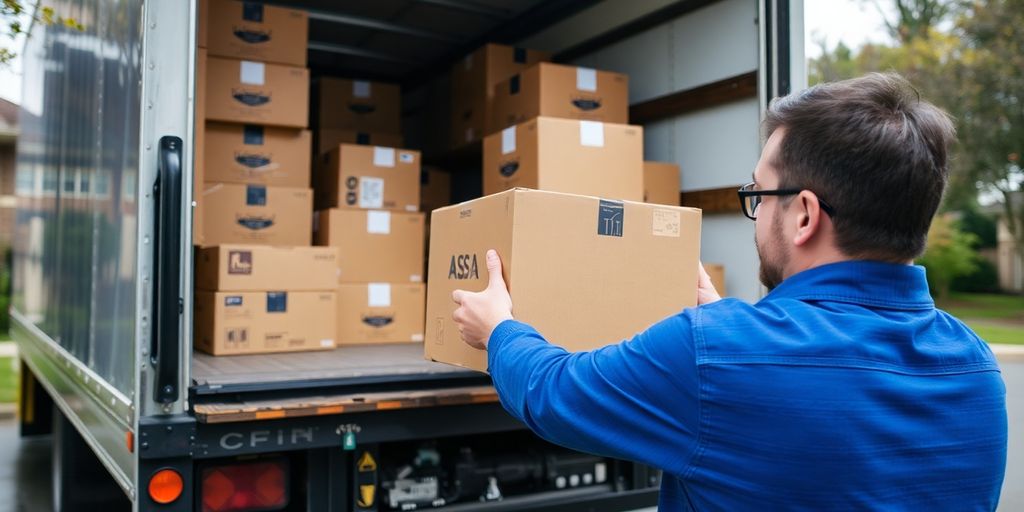 Moving boxes stacked near a truck.