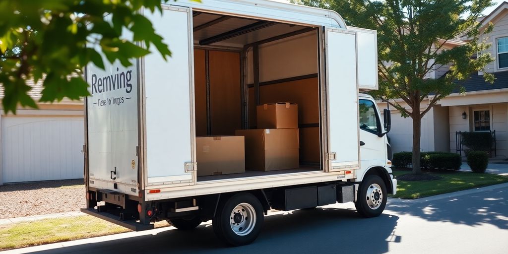 Moving truck arriving at a house in Arlington, VA.