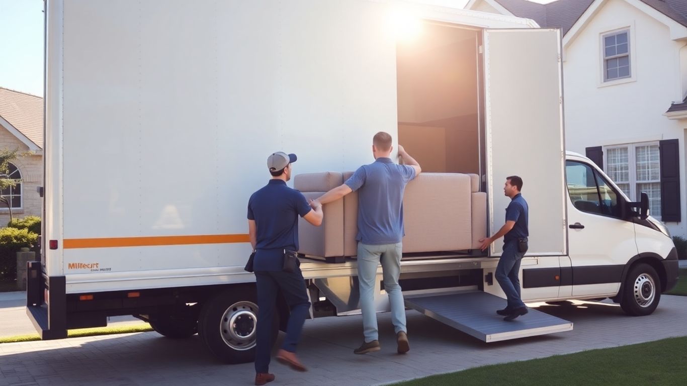 Movers carrying a sofa into a house