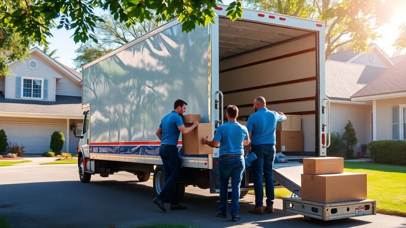 Moving truck and uniformed movers loading boxes at a house.
