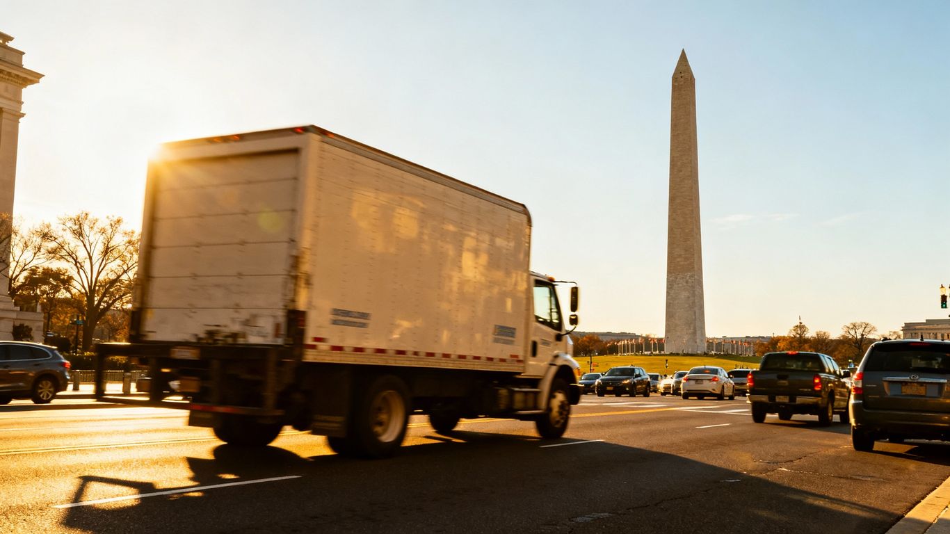 Moving truck on a D.C. street with Washington Monument.