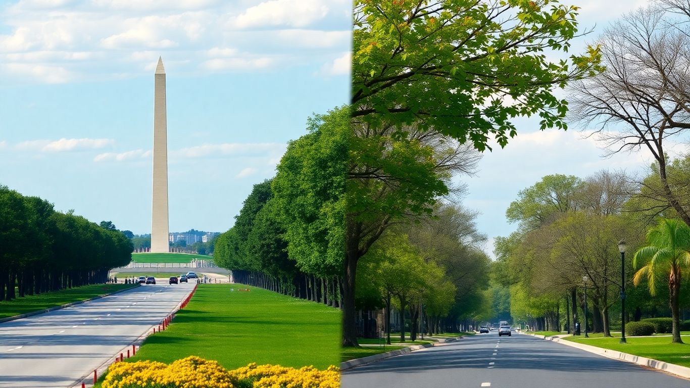 Washington Monument transitioning to a Northern Virginia suburban street.
