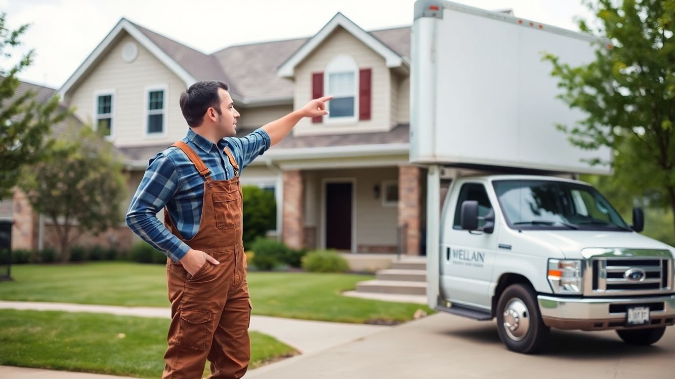 Moving truck and worker inspecting house exterior.