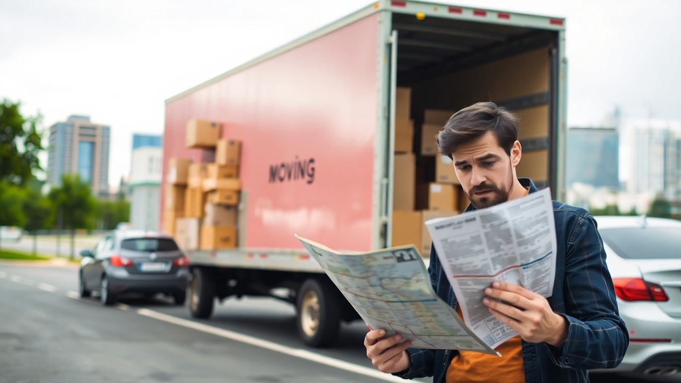 Moving truck and rental car with person looking at map.