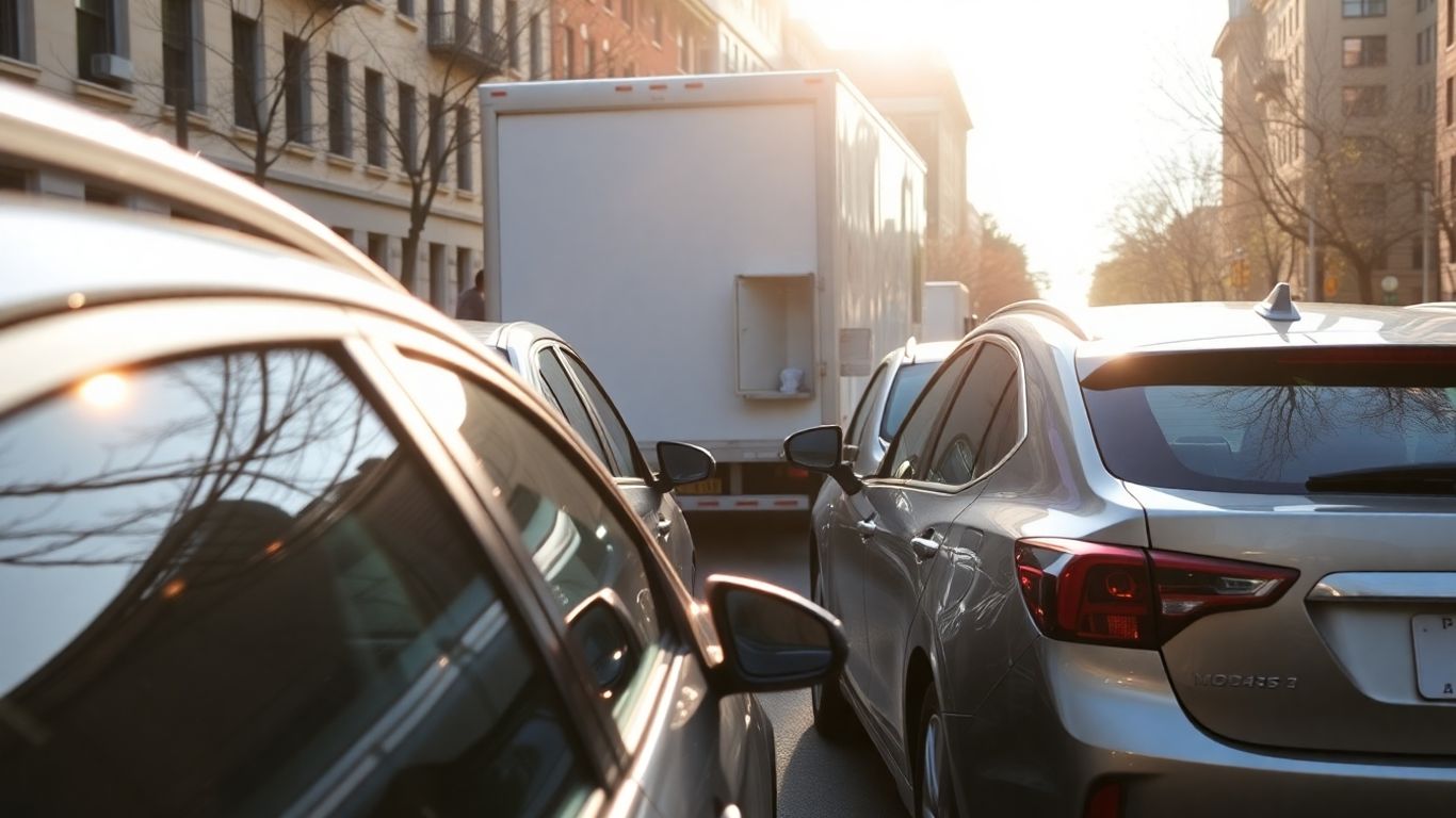 D.C. street with parked cars and a moving truck.