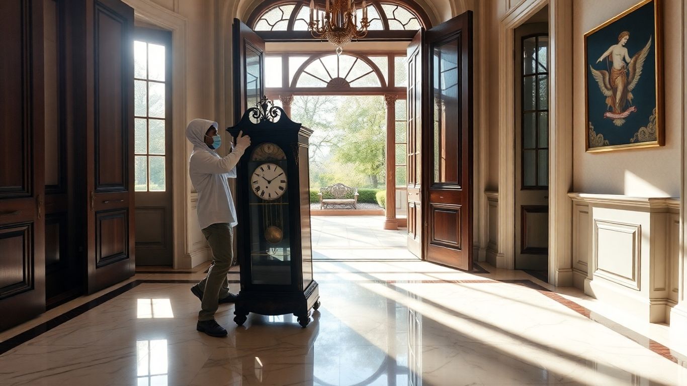 White-glove movers carrying antique clock into luxury mansion.