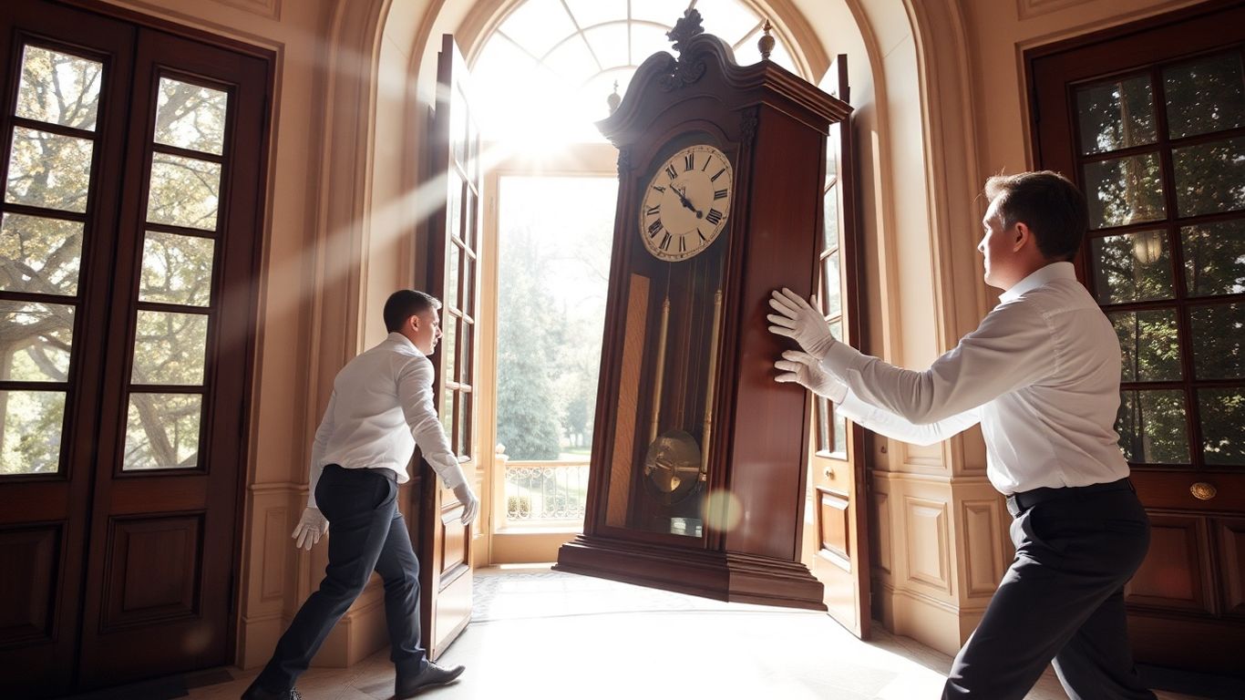 White-glove movers carrying antique clock into mansion.