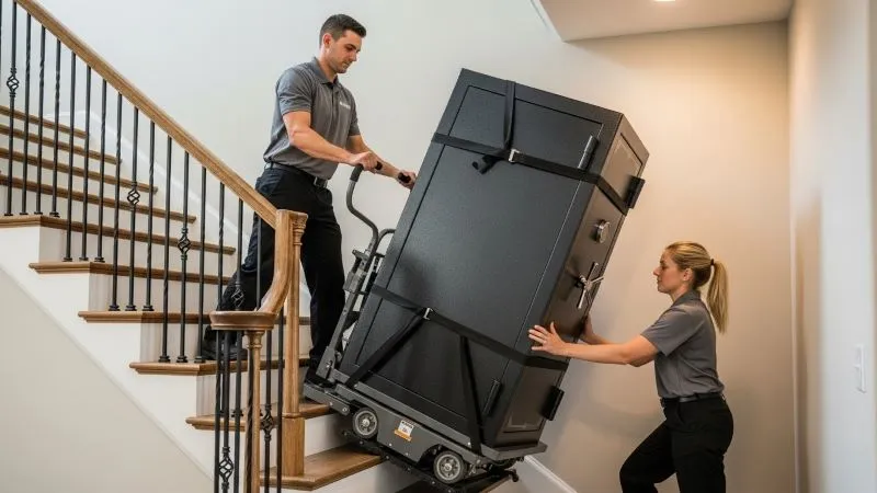 Team of movers carefully transporting a gun safe