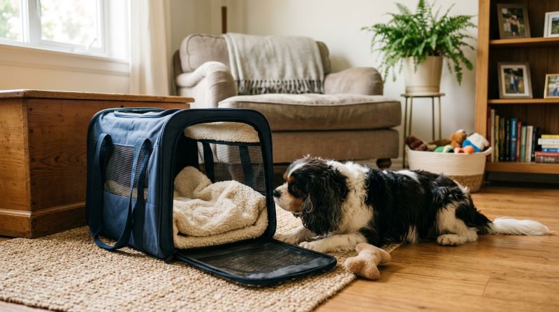 A dog calmly lying next to its travel carrier in a cozy living room, preparing for a long-distance move with pets, ensuring comfort and familiarity during the journey.