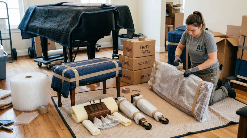 A professional mover carefully wrapping and securing piano parts with bubble wrap and moving blankets, preparing for a long-distance piano move, ensuring safe transport.