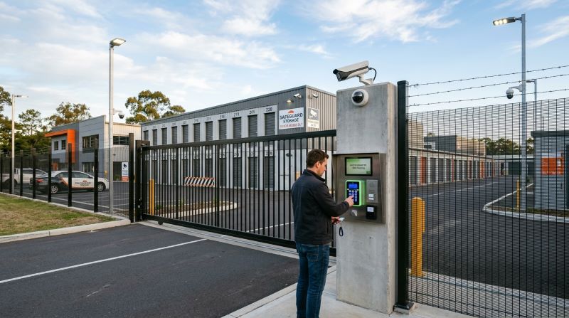 A person using a security keypad to access a gated storage facility, showcasing a secure and well-maintained option for choosing the right storage unit for your needs.