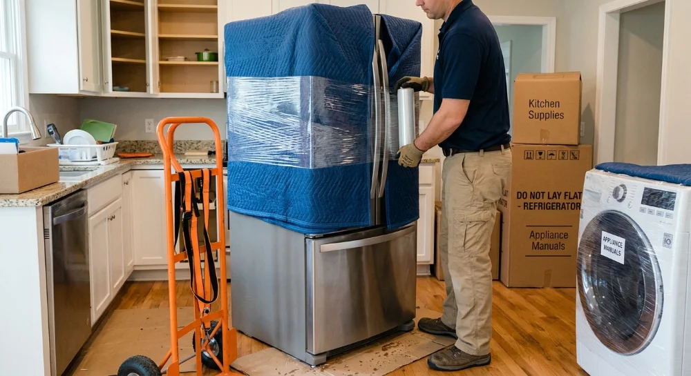 packer uses moving blanket for appliance moving