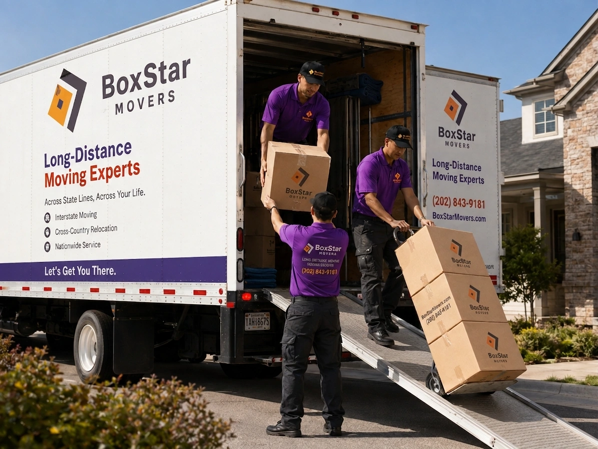 BoxStar long-distance moving truck being loaded with padded furniture for an out-of-state move from Ashburn VA