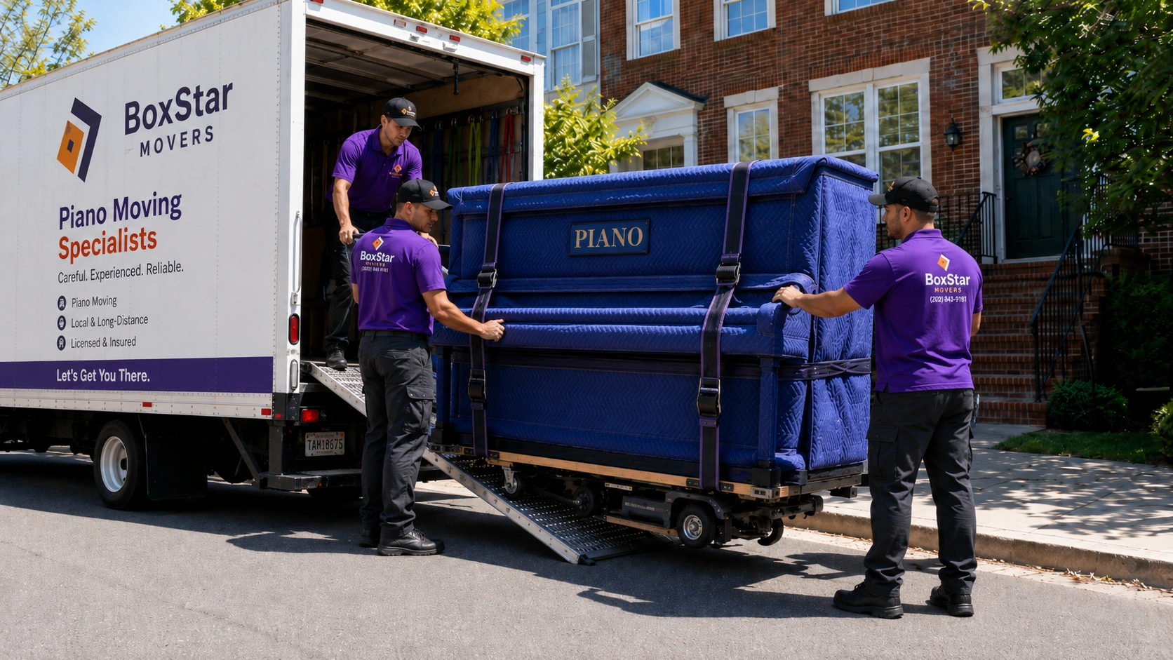BoxStar specialized piano movers using heavy-duty equipment and padding to move a baby grand piano in Ashburn VA