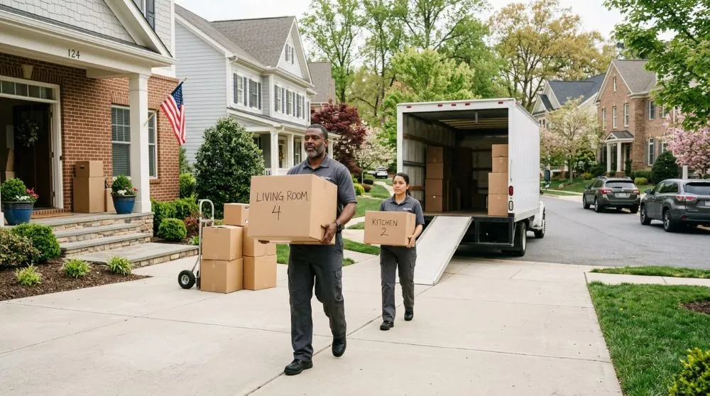 Movers carrying labeled boxes to a truck for a local move cost estimate.