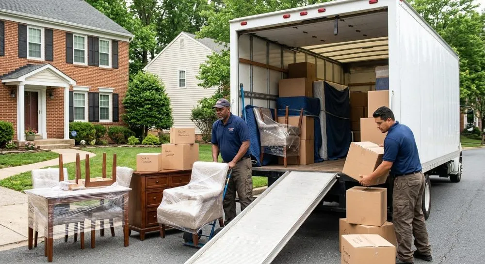 Movers loading wrapped furniture into a truck affecting local move cost.