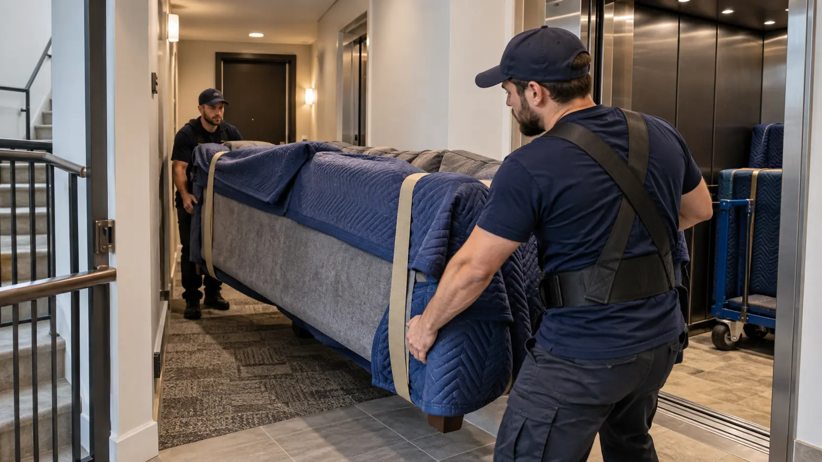 Two movers carrying a padded couch through a hallway