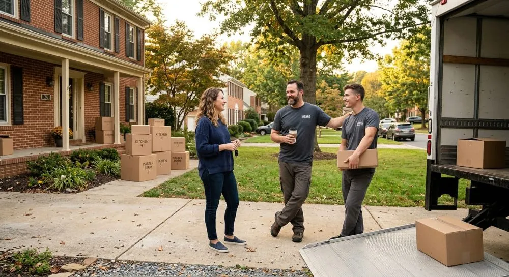 Homeowner speaking with movers near a truck to review local move cost.