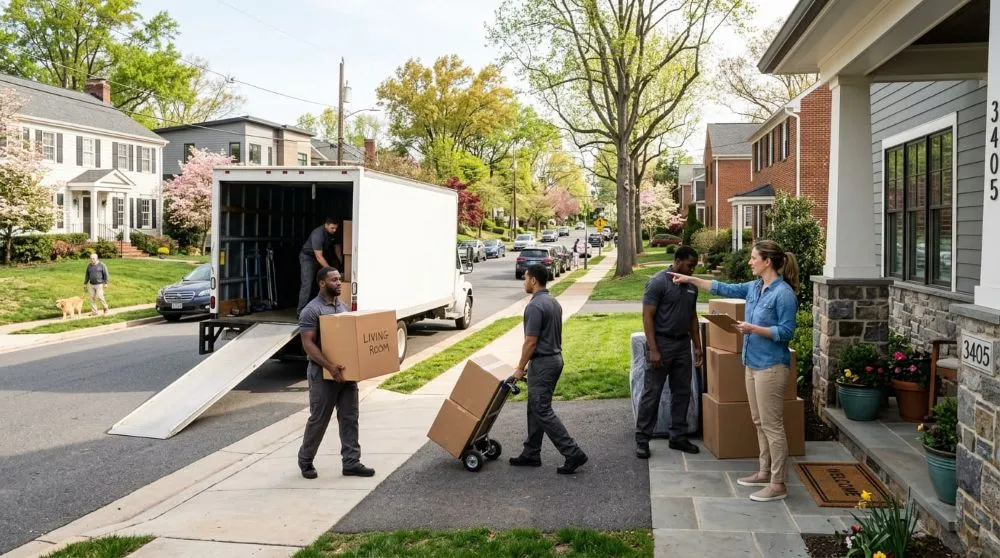 Woman directing movers carrying boxes from a truck to help determine the best day of the week to move.