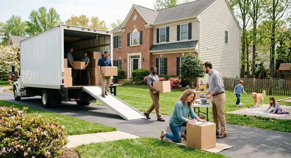 Family outside their new home as movers unload a truck on the best day of the week to move.