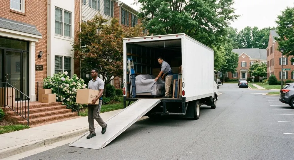 Mover carrying boxes down a truck ramp in a suburban neighborhood on the best day of the week to move.