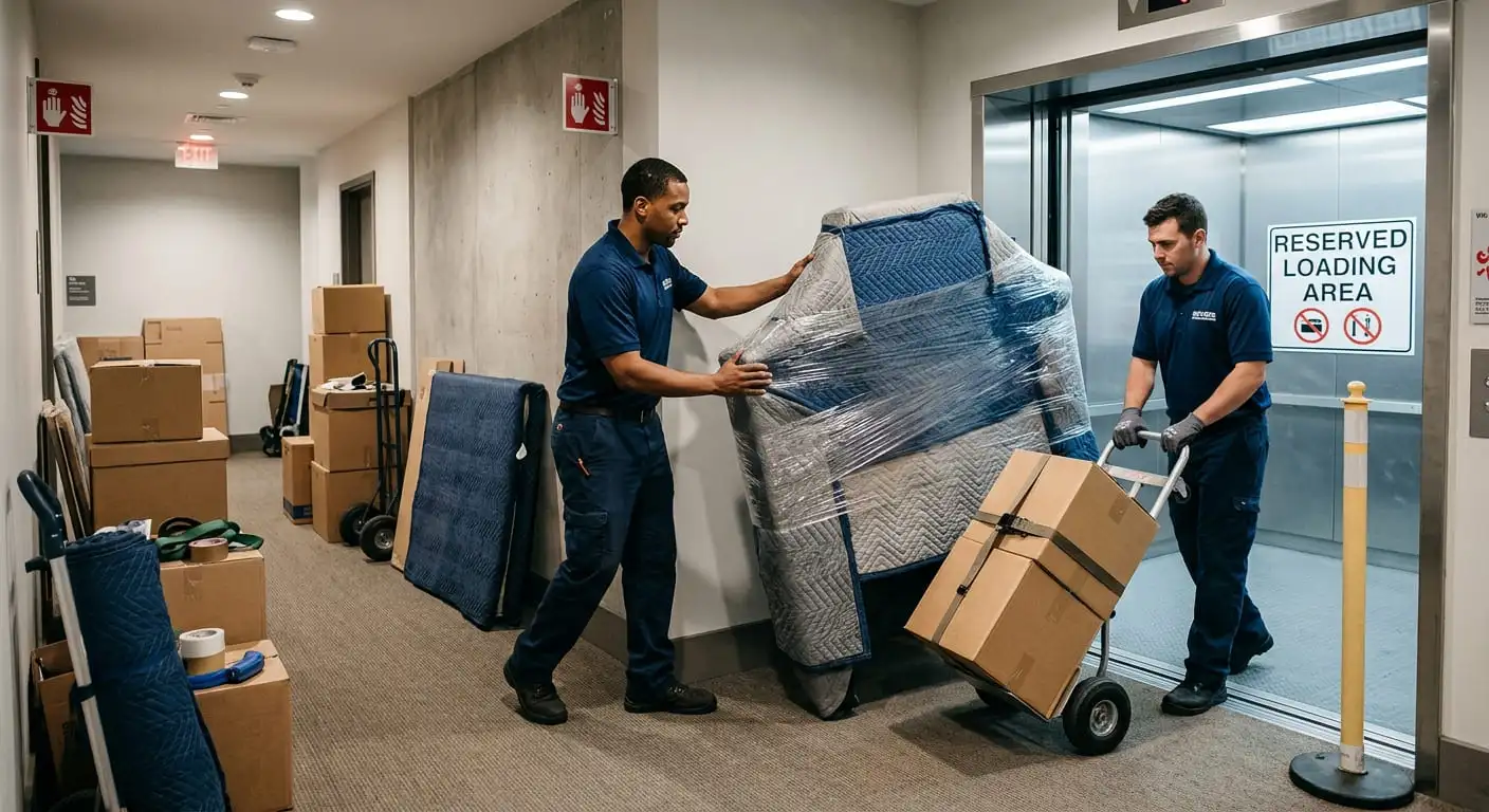 Professional movers using a hand truck near an elevator in a reserved loading area
