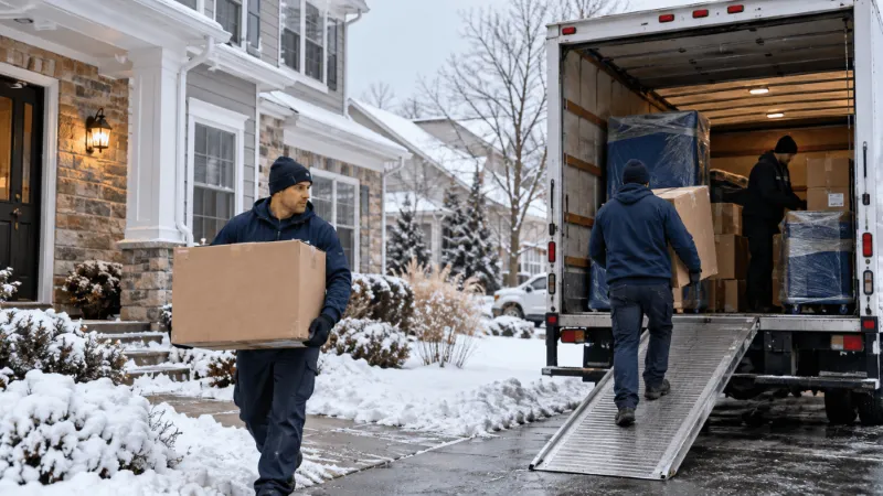 Professional movers carrying boxes up a truck ramp near a snowy home when moving in the winter