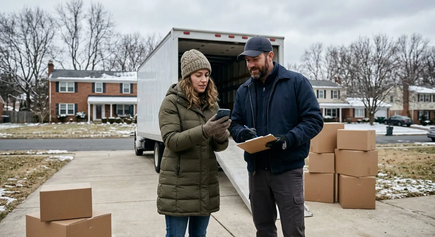 Homeowner in a winter coat reviewing paperwork on a smartphone with a mover during a cold-weather move.