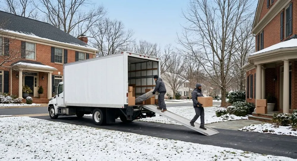 Movers wearing winter gear loading a moving truck on a snowy driveway when moving in the winter.