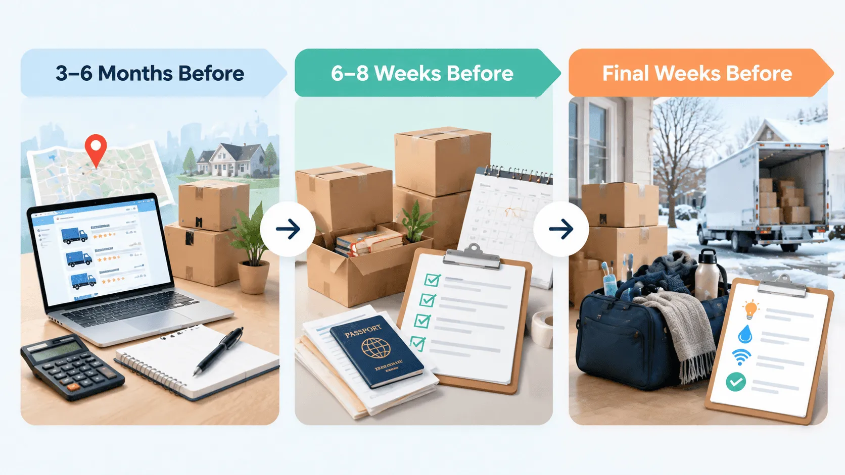 A timeline infographic outlining preparation stages from months before to final weeks when moving out of state.