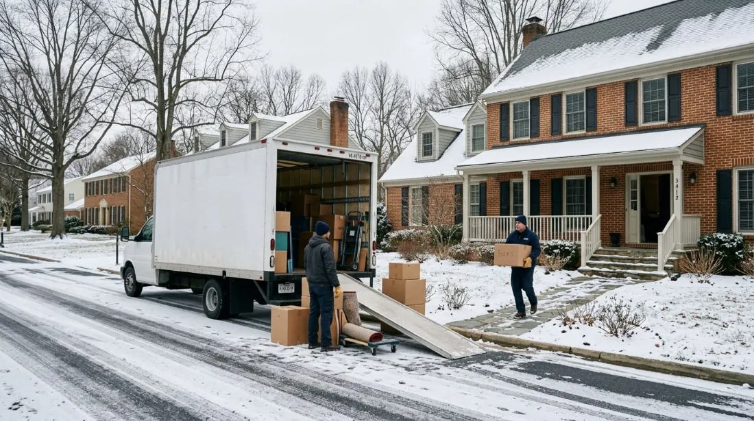 Movers loading a truck in the winter, showing how off-season planning helps save money when moving.