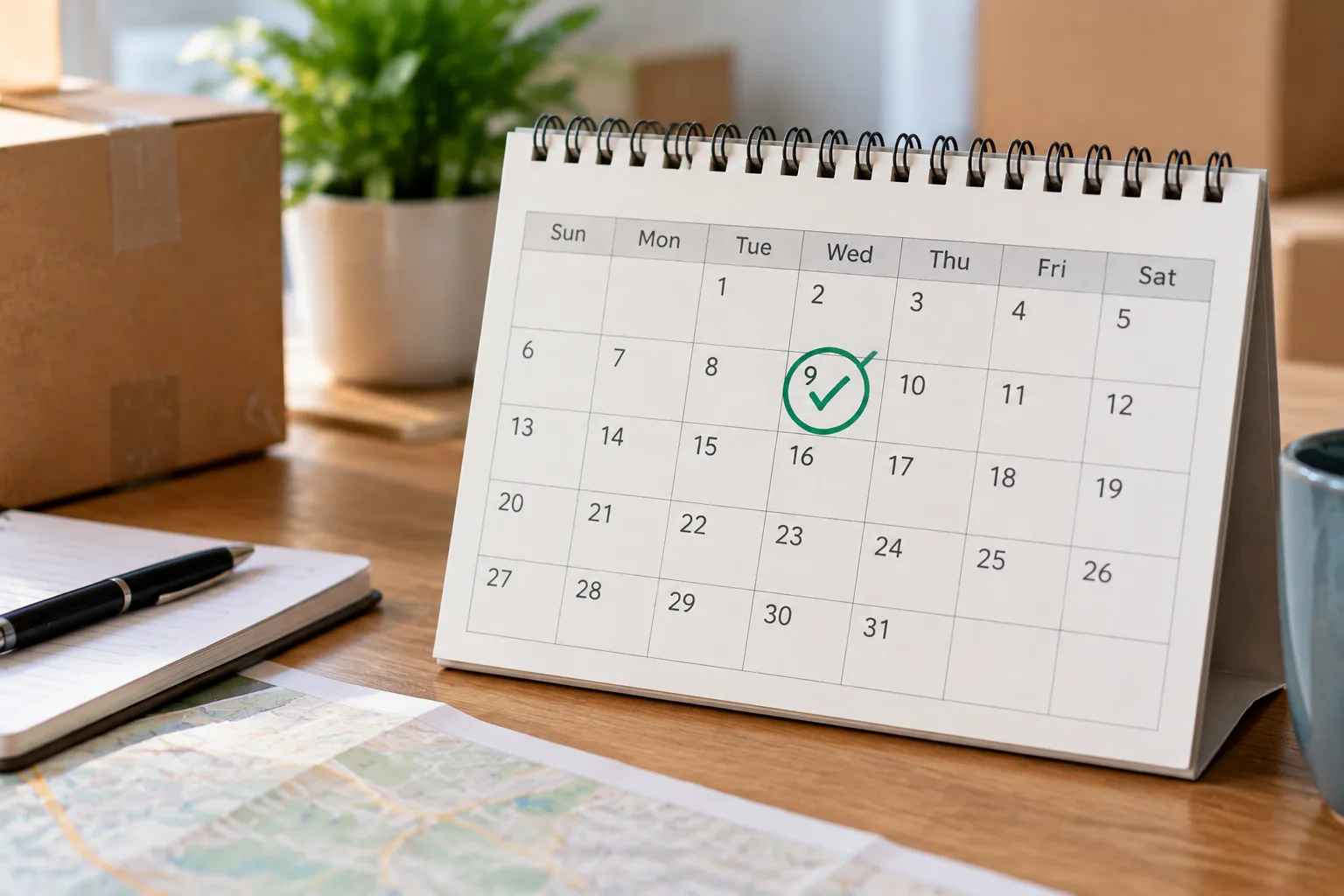 Desktop calendar with a checked date next to packing boxes for off-peak moving.