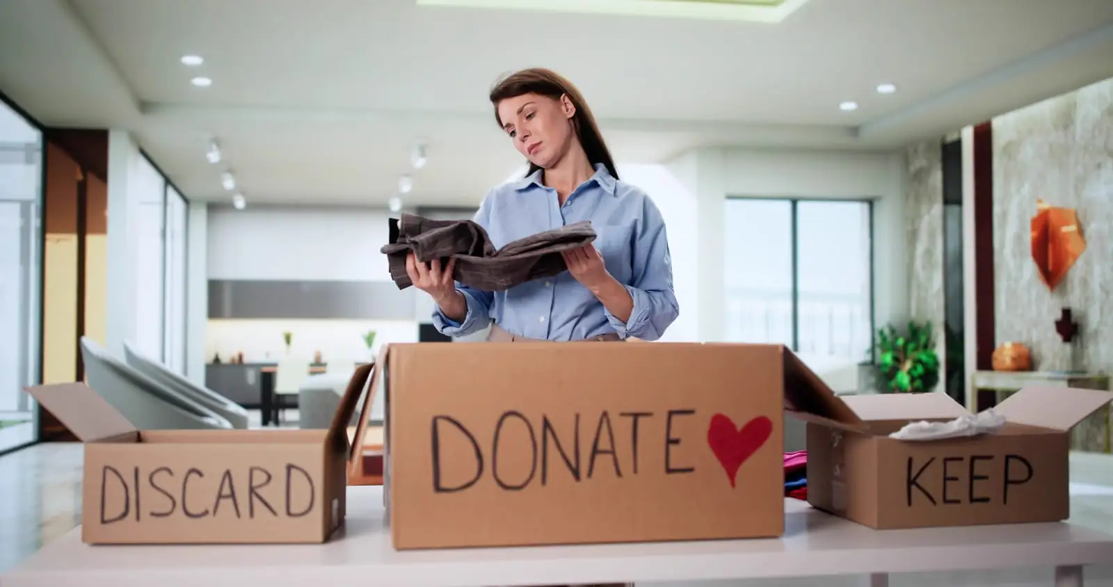woman deciding on keeping, donating or discarding things to prepare for same-day moving