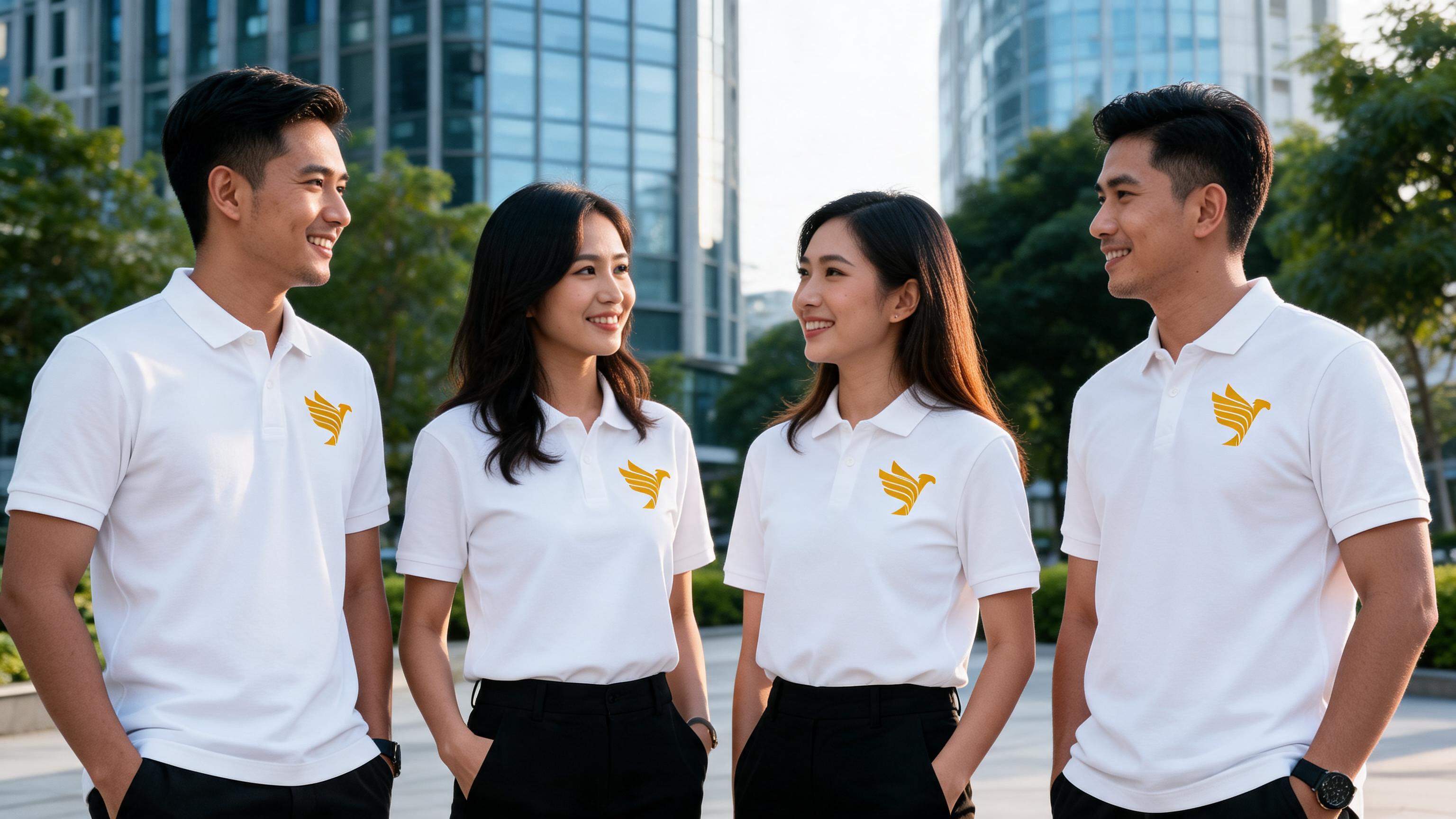 Phoenix One employees standing outdoors in a modern business district wearing white company-branded polo shirts and engaging in conversation.