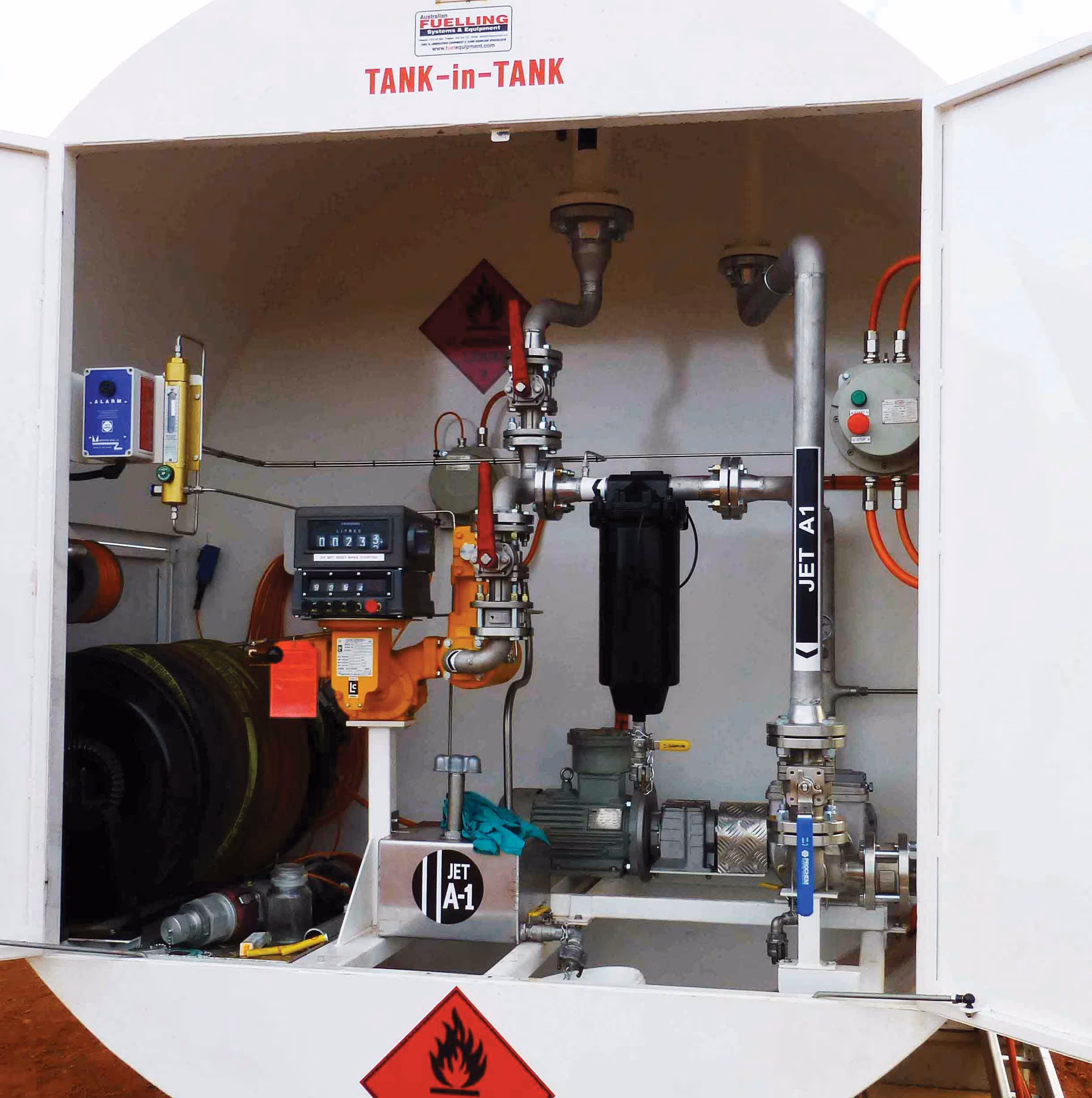 This system has delivery hose reel from side of tank and bulk inlet and filtration, metering and valves access from front.