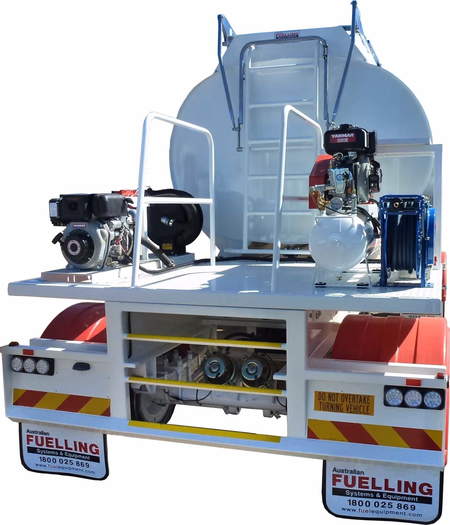 Rear view of trailer showing diesel dispensing system on LHS and diesel engine-powered compressor with hose reel on RHS