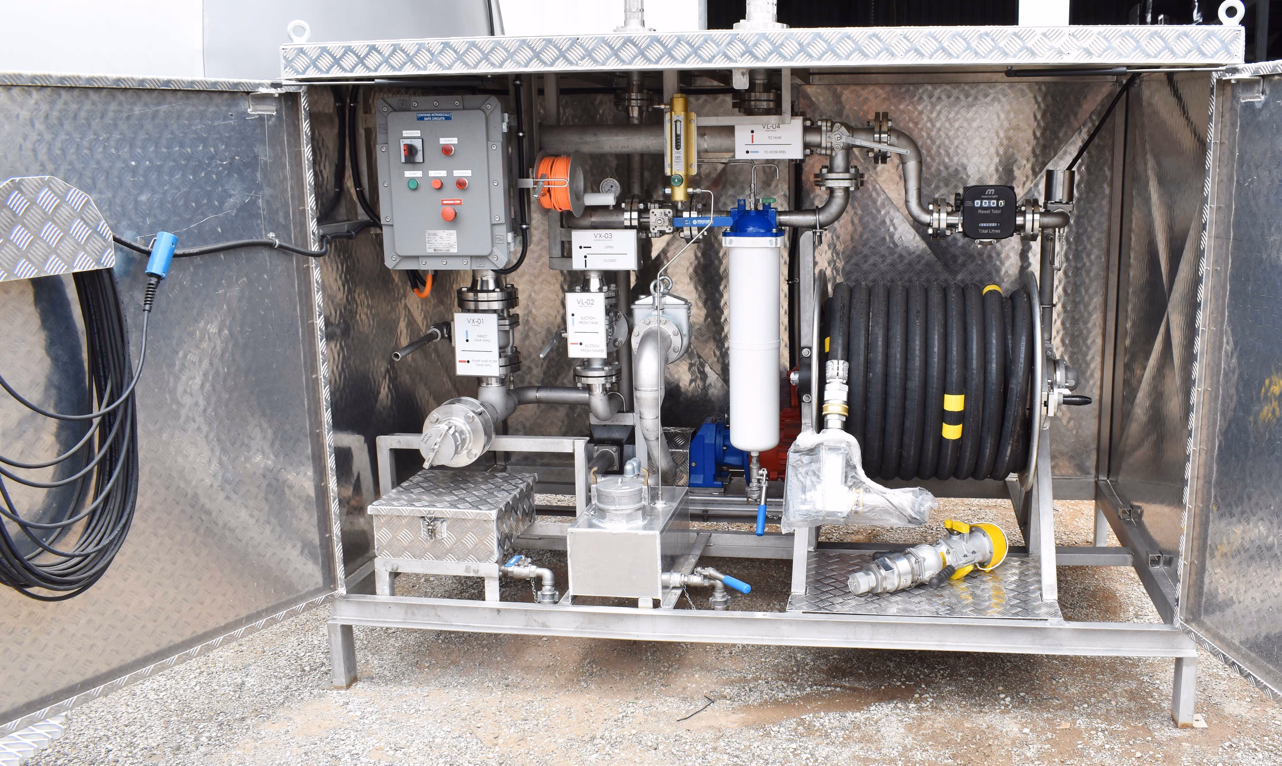 Close-up of dispensing system - dead man switch shown on LHS door, pressure differential gauge with peak hold and electrical controls.