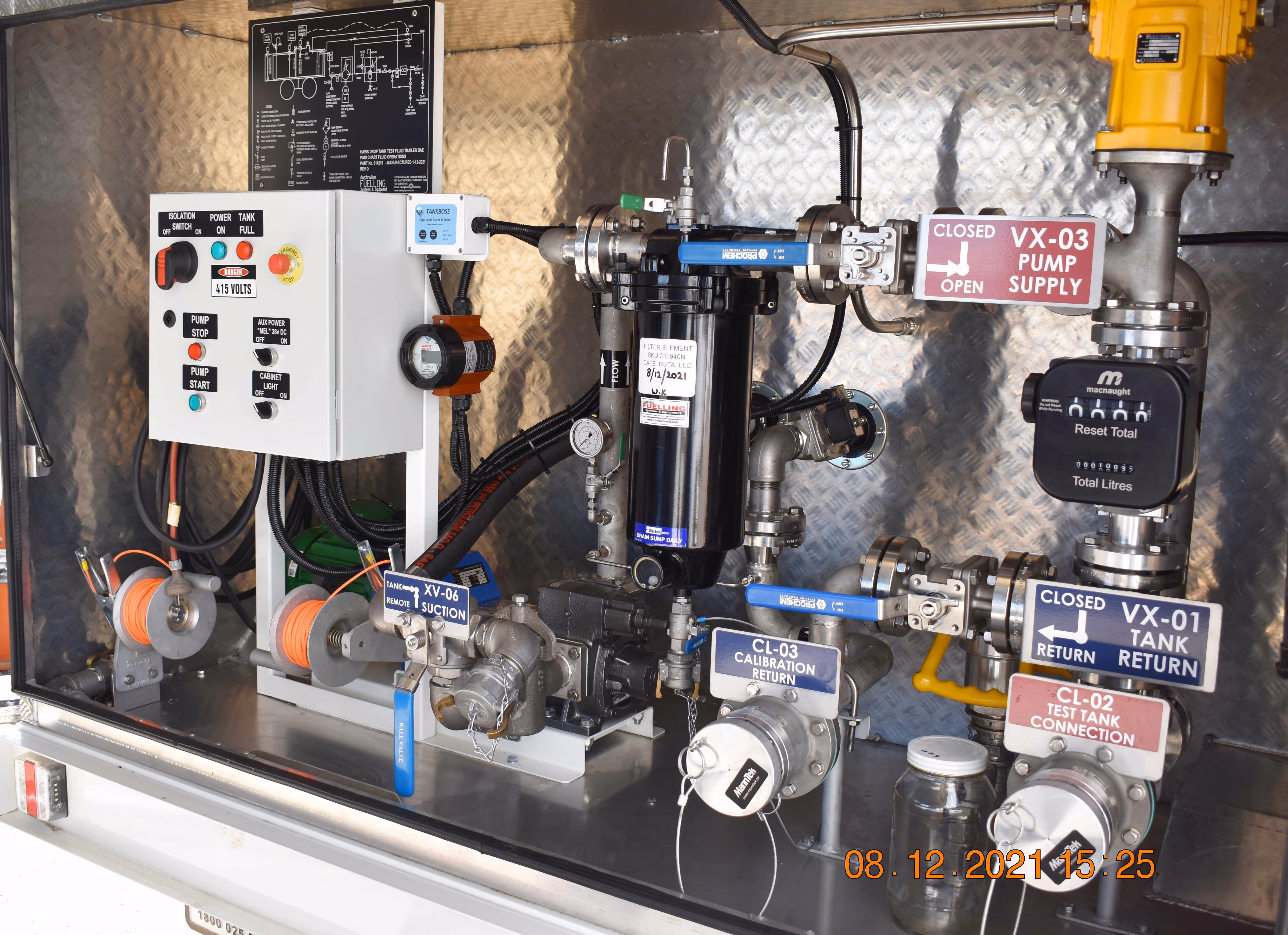 Valves, flow meter, filtration and fittings to safely fill and evacuate the wing tanks.